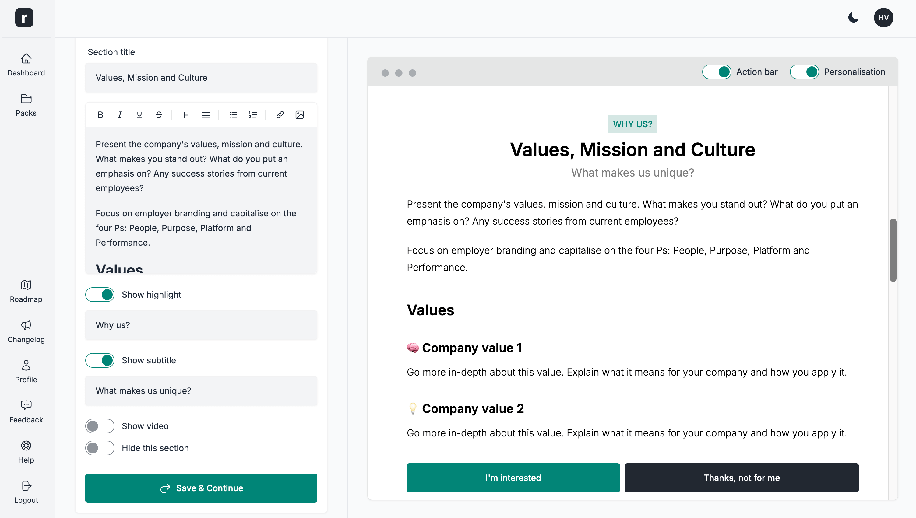 Candidate pack section options