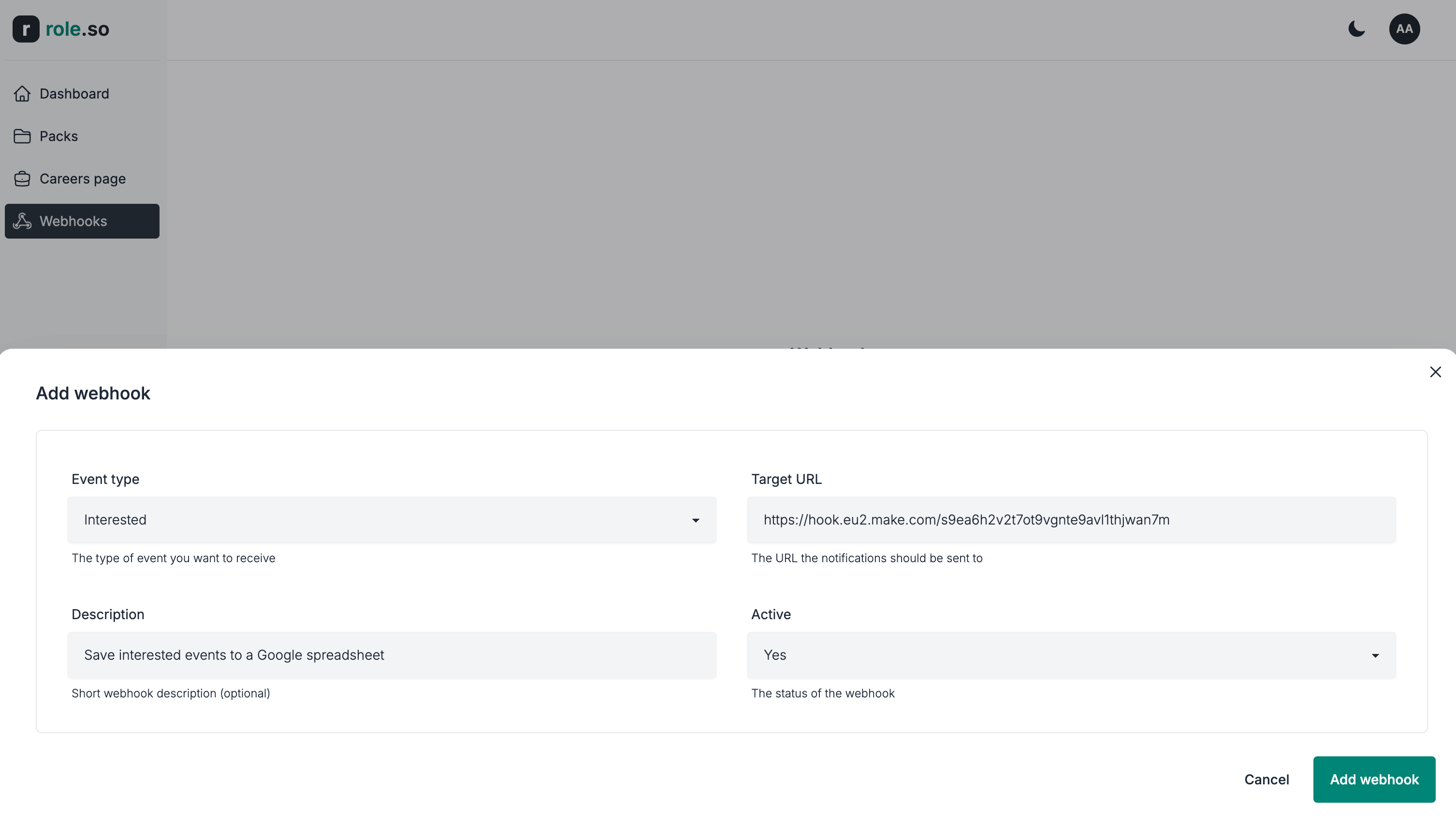 Add webhook form